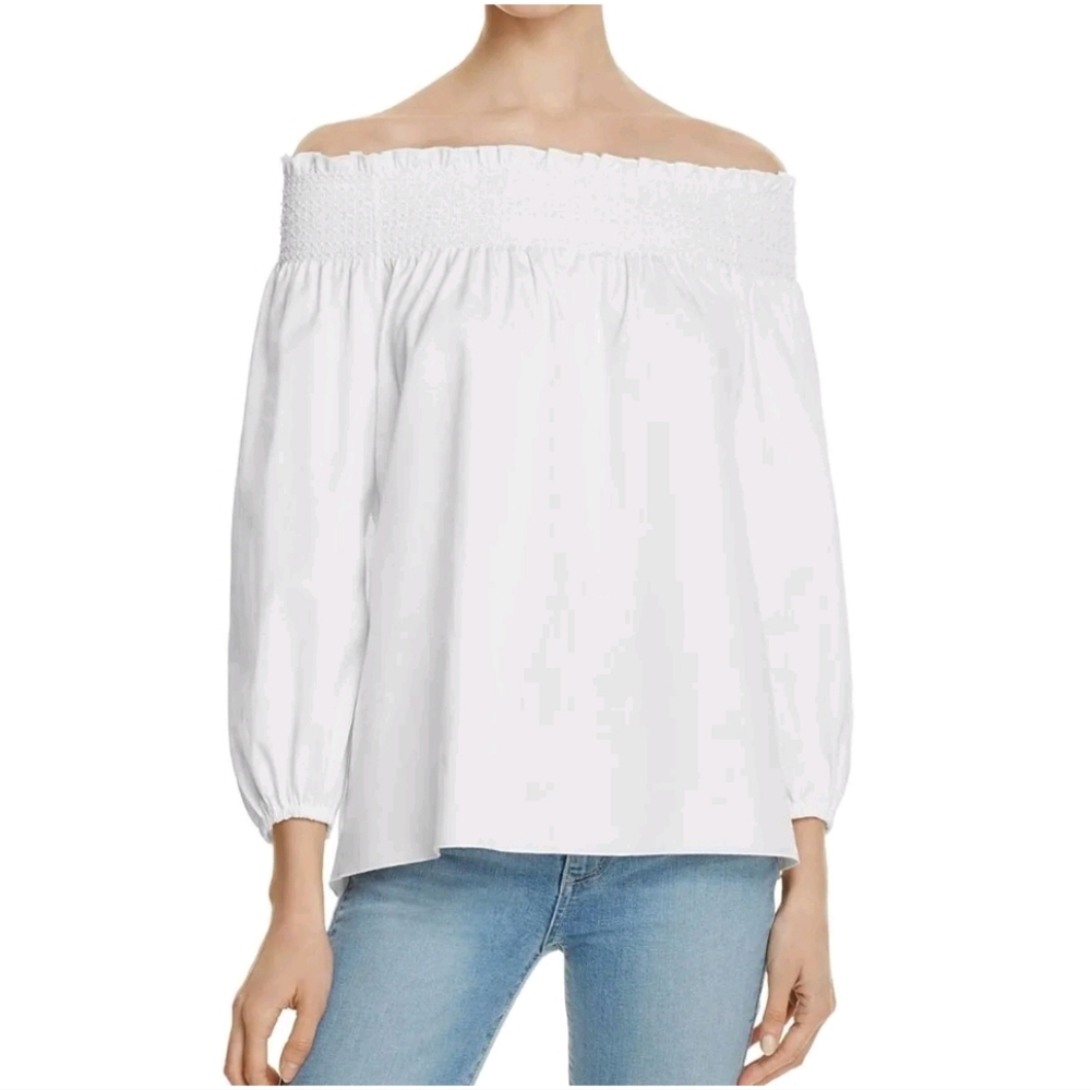 Theory Izalvan Poplin Smocked Off The Shoulder Poet Sleeve High Low Blouse